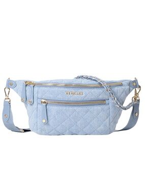 New MZ Wallace  Quilted Light Blue Denim Crosby Crossbody Sling Gold Hardware